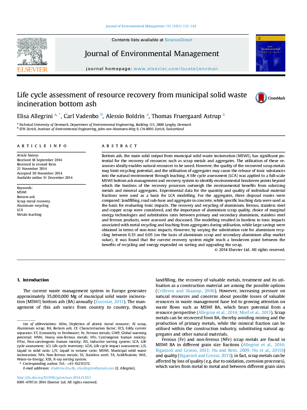 Life cycle assessment of resource recovery from municipal solid waste incineration bottom ash