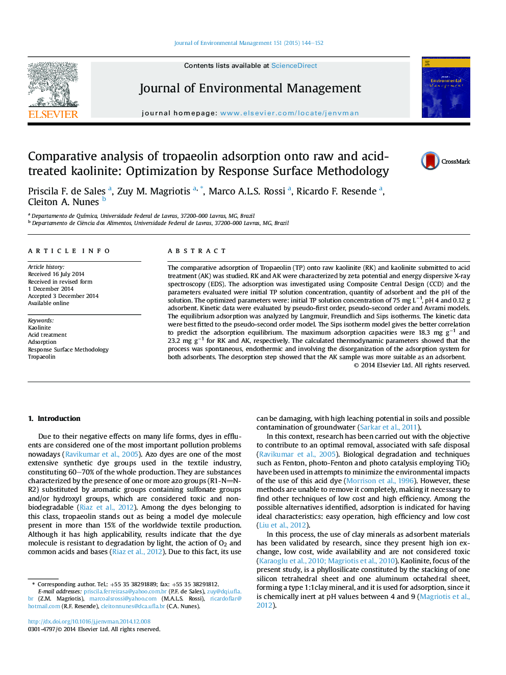 Comparative analysis of tropaeolin adsorption onto raw and acid-treated kaolinite: Optimization by Response Surface Methodology