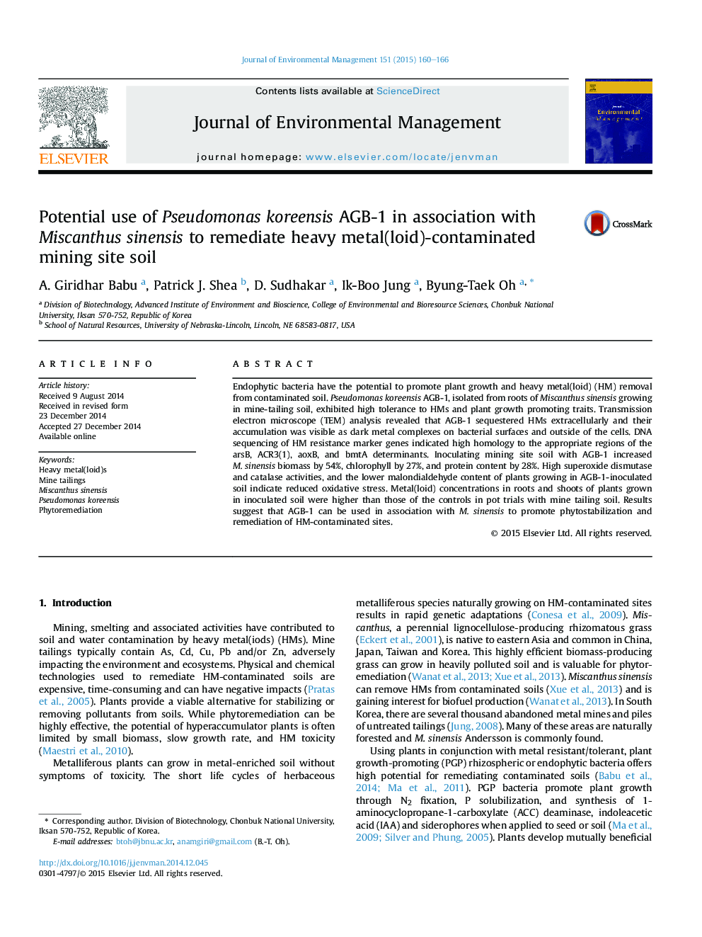 Potential use of Pseudomonas koreensis AGB-1 in association with Miscanthus sinensis to remediate heavy metal(loid)-contaminated mining site soil