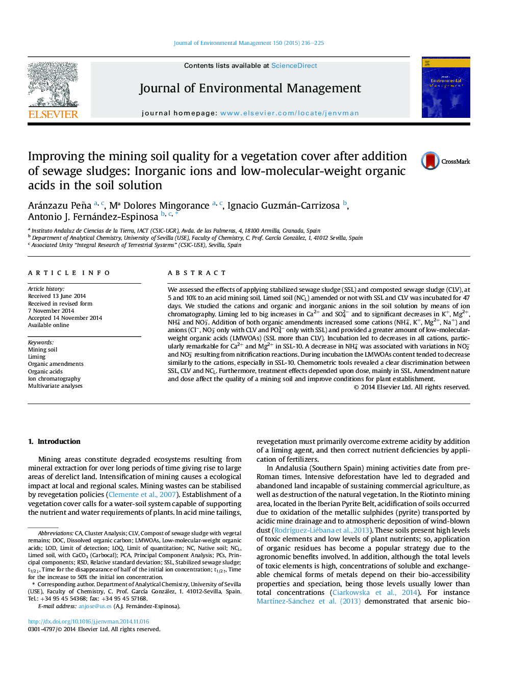 Improving the mining soil quality for a vegetation cover after addition of sewage sludges: Inorganic ions and low-molecular-weight organic acids in the soil solution