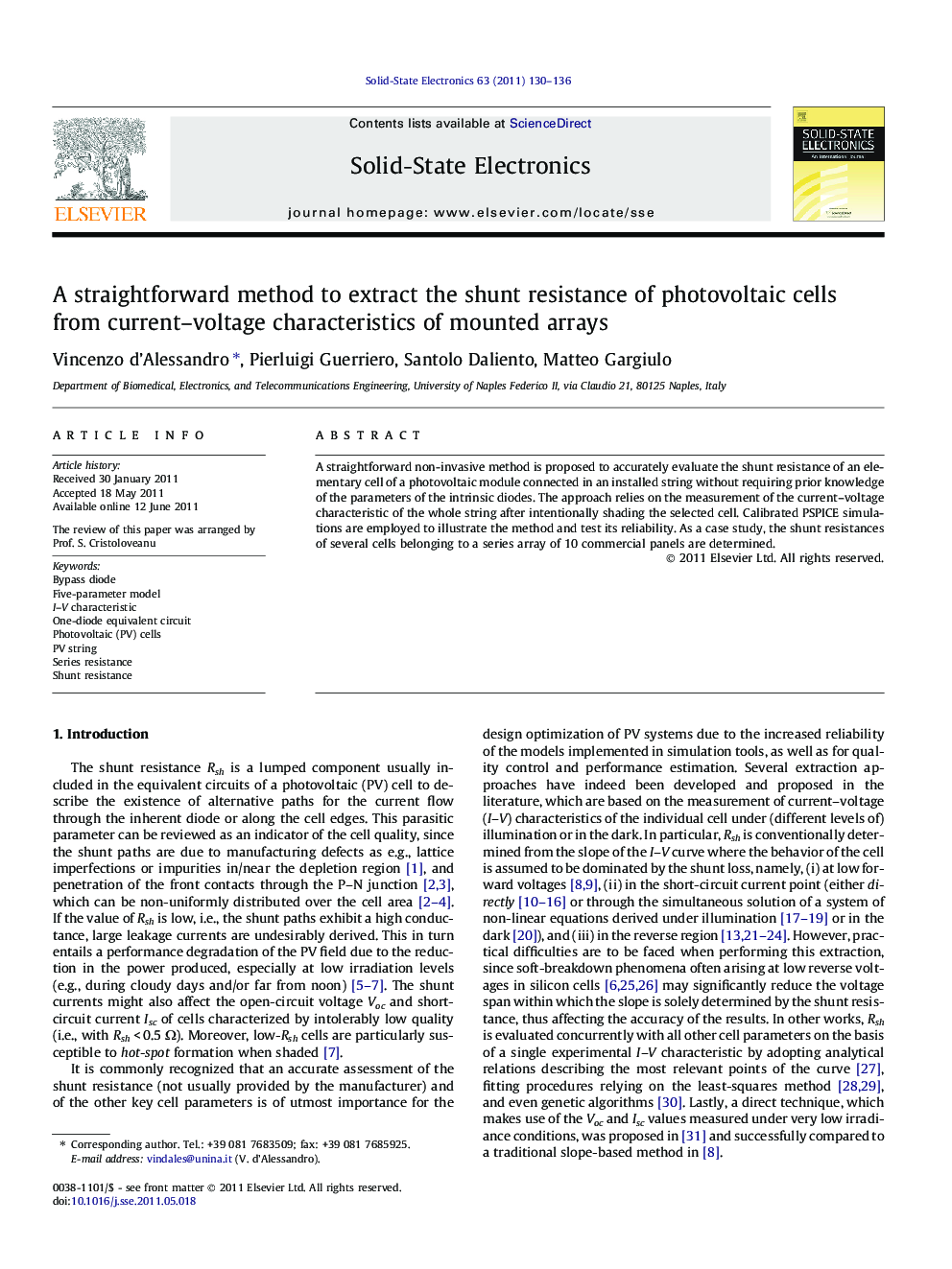 A straightforward method to extract the shunt resistance of photovoltaic cells from current–voltage characteristics of mounted arrays