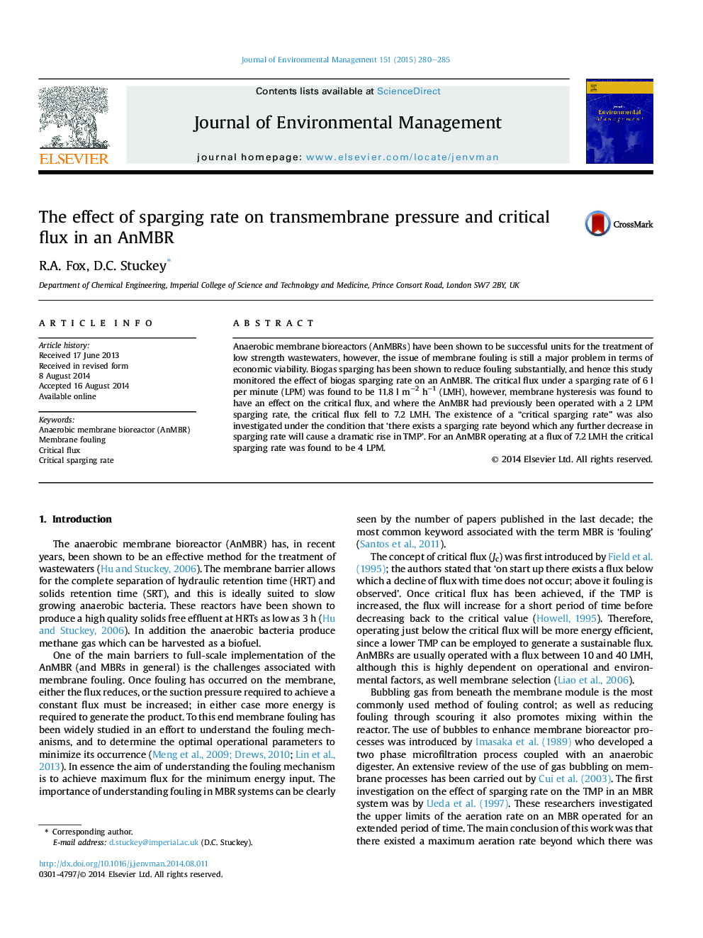 The effect of sparging rate on transmembrane pressure and critical flux in an AnMBR