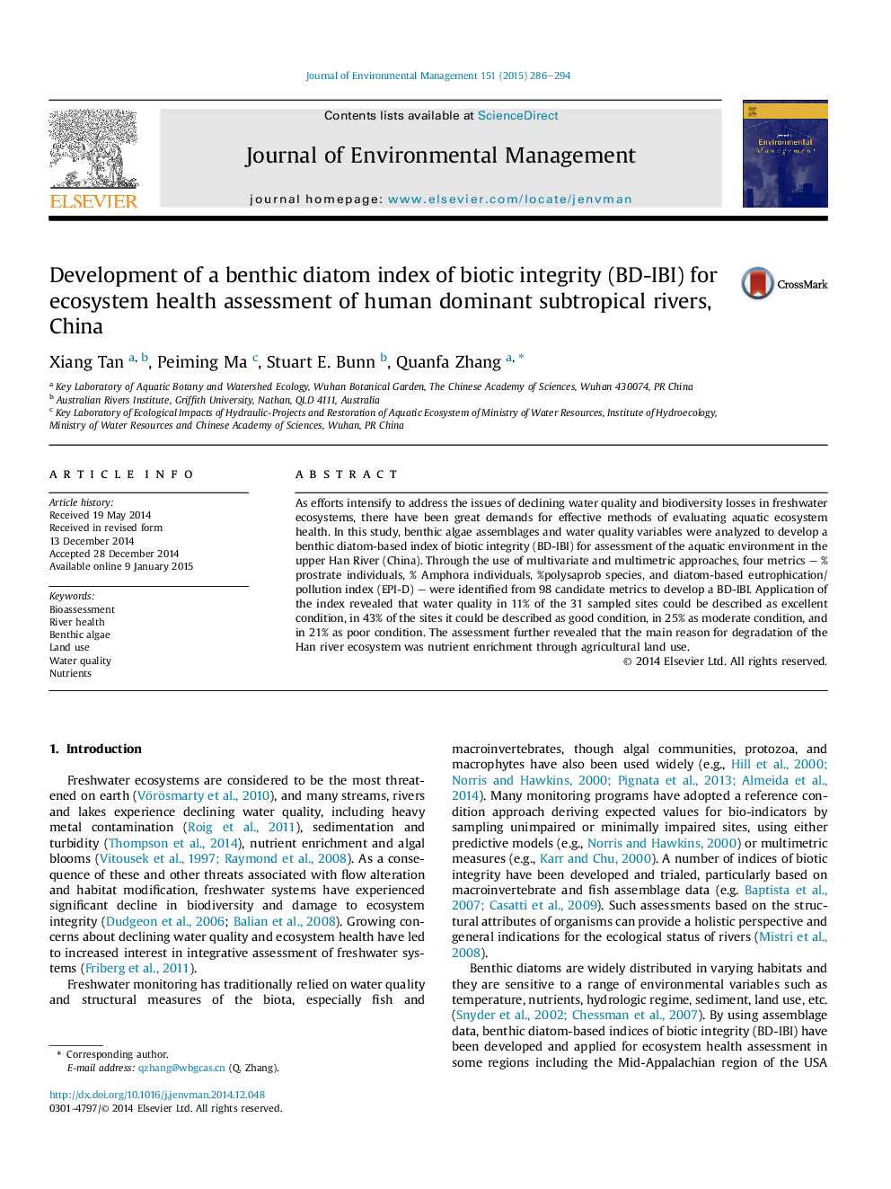 Development of a benthic diatom index of biotic integrity (BD-IBI) for ecosystem health assessment of human dominant subtropical rivers, China