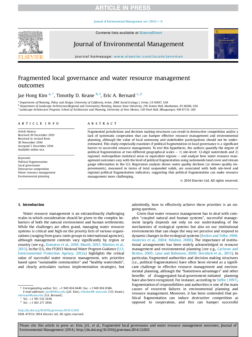 Fragmented local governance and water resource management outcomes