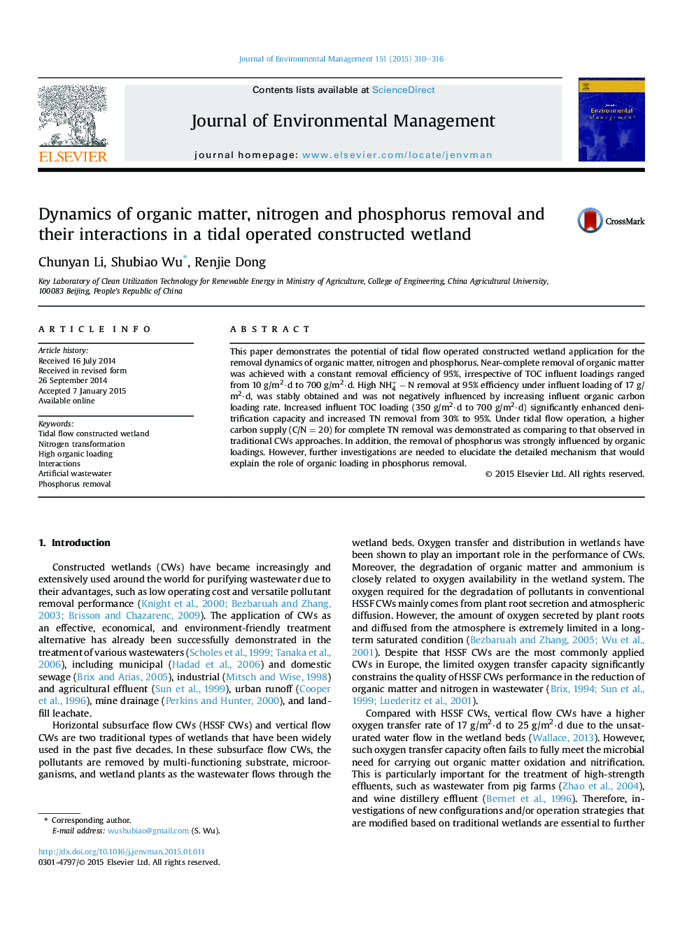 Dynamics of organic matter, nitrogen and phosphorus removal and their interactions in a tidal operated constructed wetland