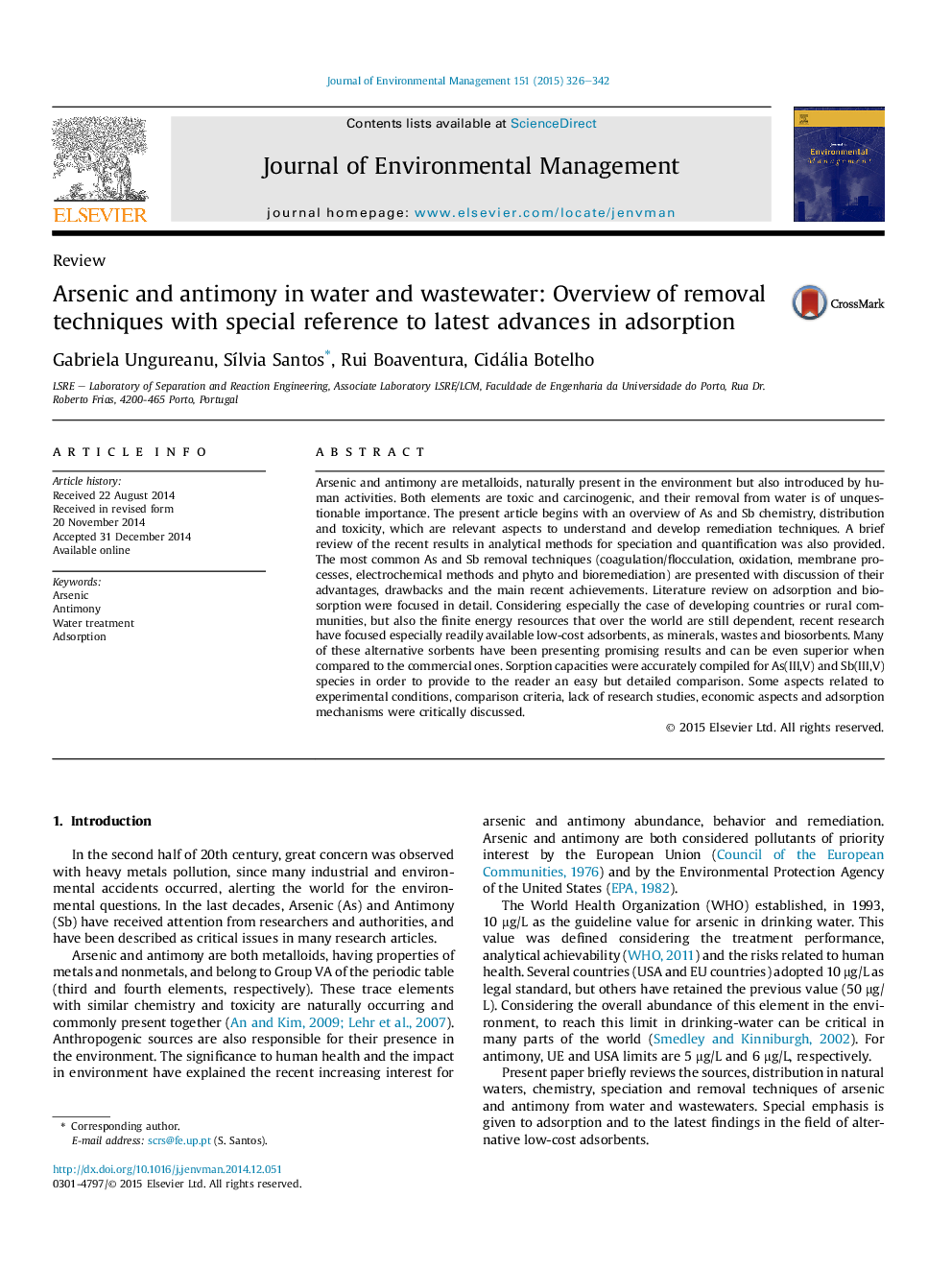 Arsenic and antimony in water and wastewater: Overview of removal techniques with special reference to latest advances in adsorption