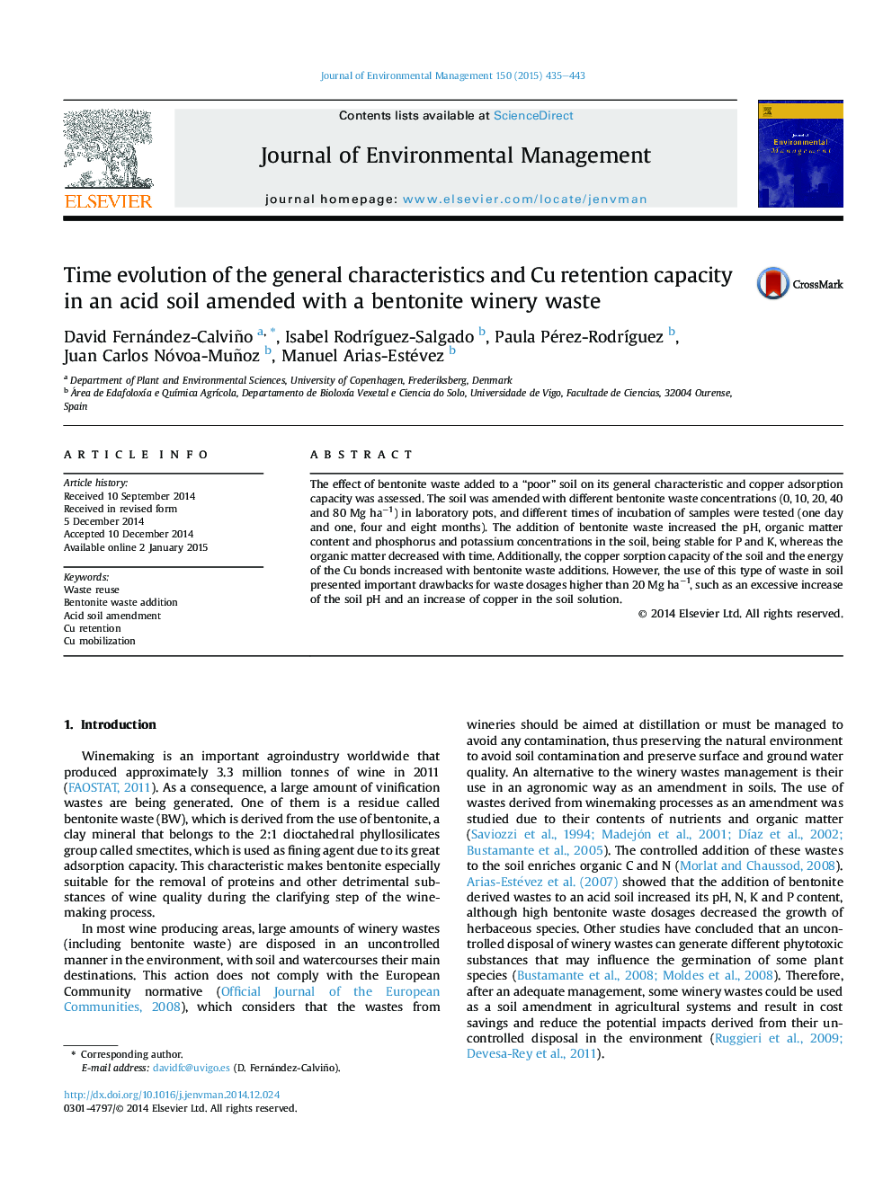 Time evolution of the general characteristics and Cu retention capacity in an acid soil amended with a bentonite winery waste