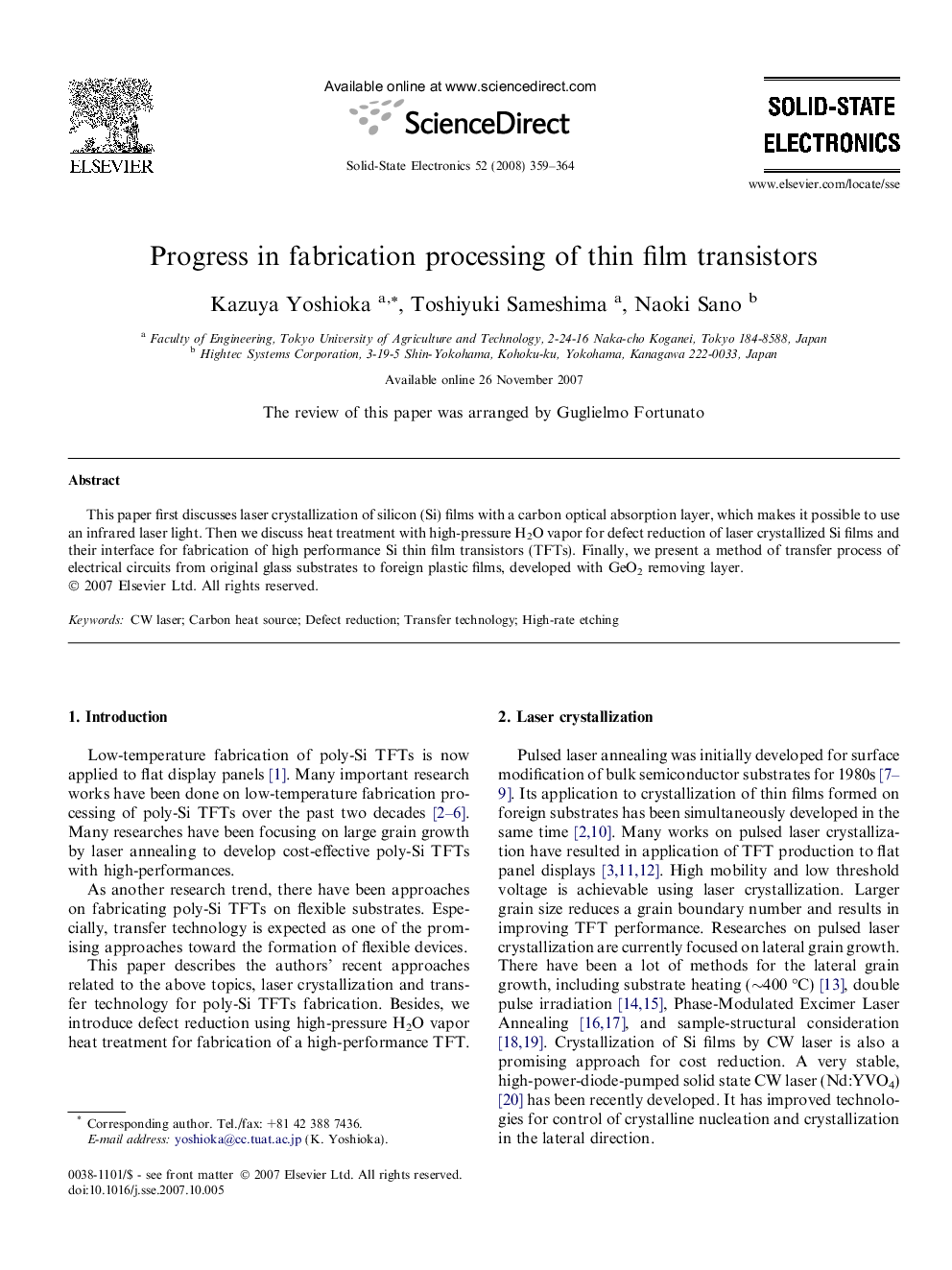 Progress in fabrication processing of thin film transistors