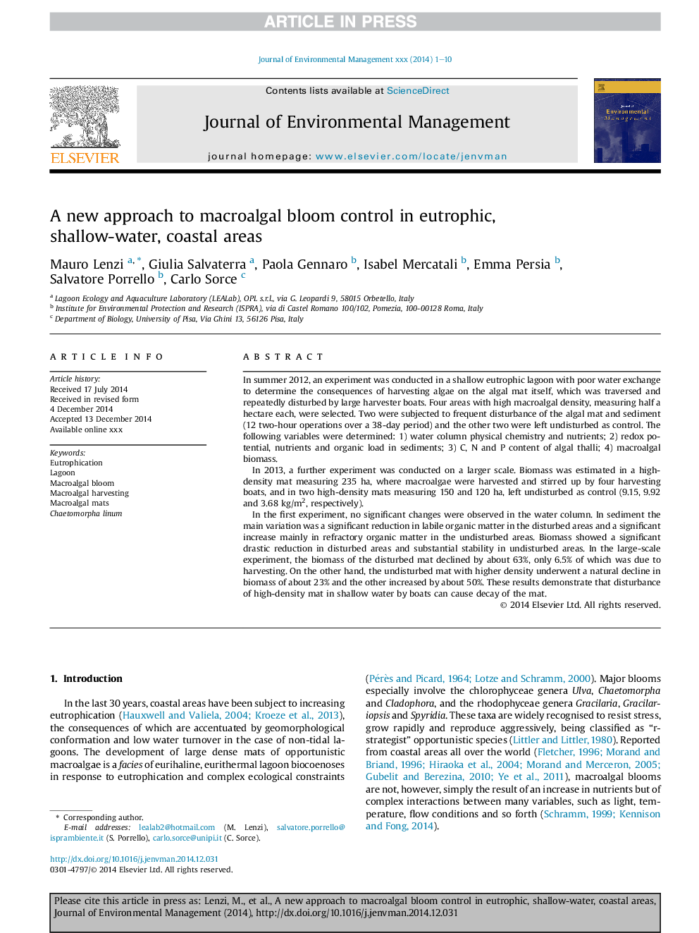 A new approach to macroalgal bloom control in eutrophic, shallow-water, coastal areas