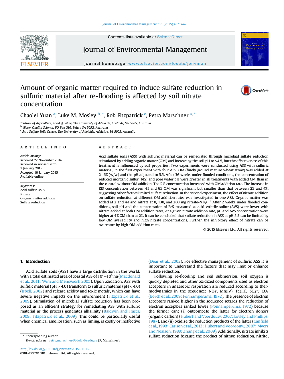 Amount of organic matter required to induce sulfate reduction in sulfuric material after re-flooding is affected by soil nitrate concentration