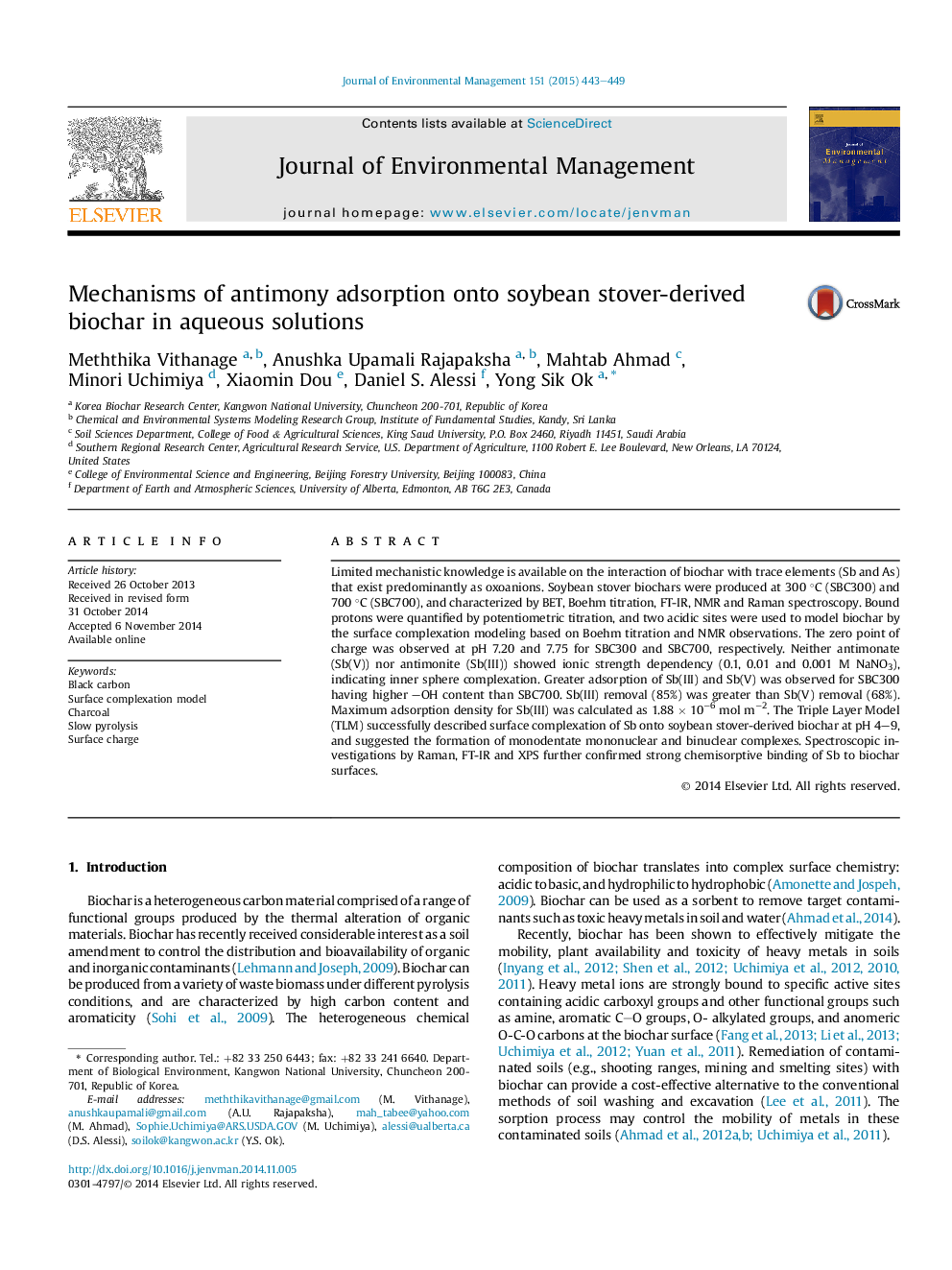 Mechanisms of antimony adsorption onto soybean stover-derived biochar in aqueous solutions