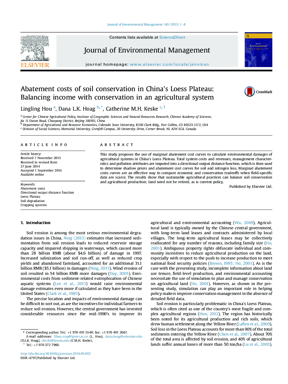 Abatement costs of soil conservation in China's Loess Plateau: Balancing income with conservation in an agricultural system