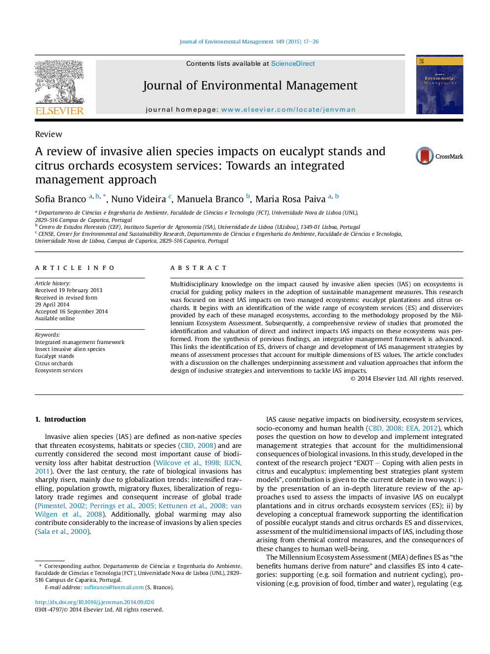 A review of invasive alien species impacts on eucalypt stands and citrus orchards ecosystem services: Towards an integrated management approach