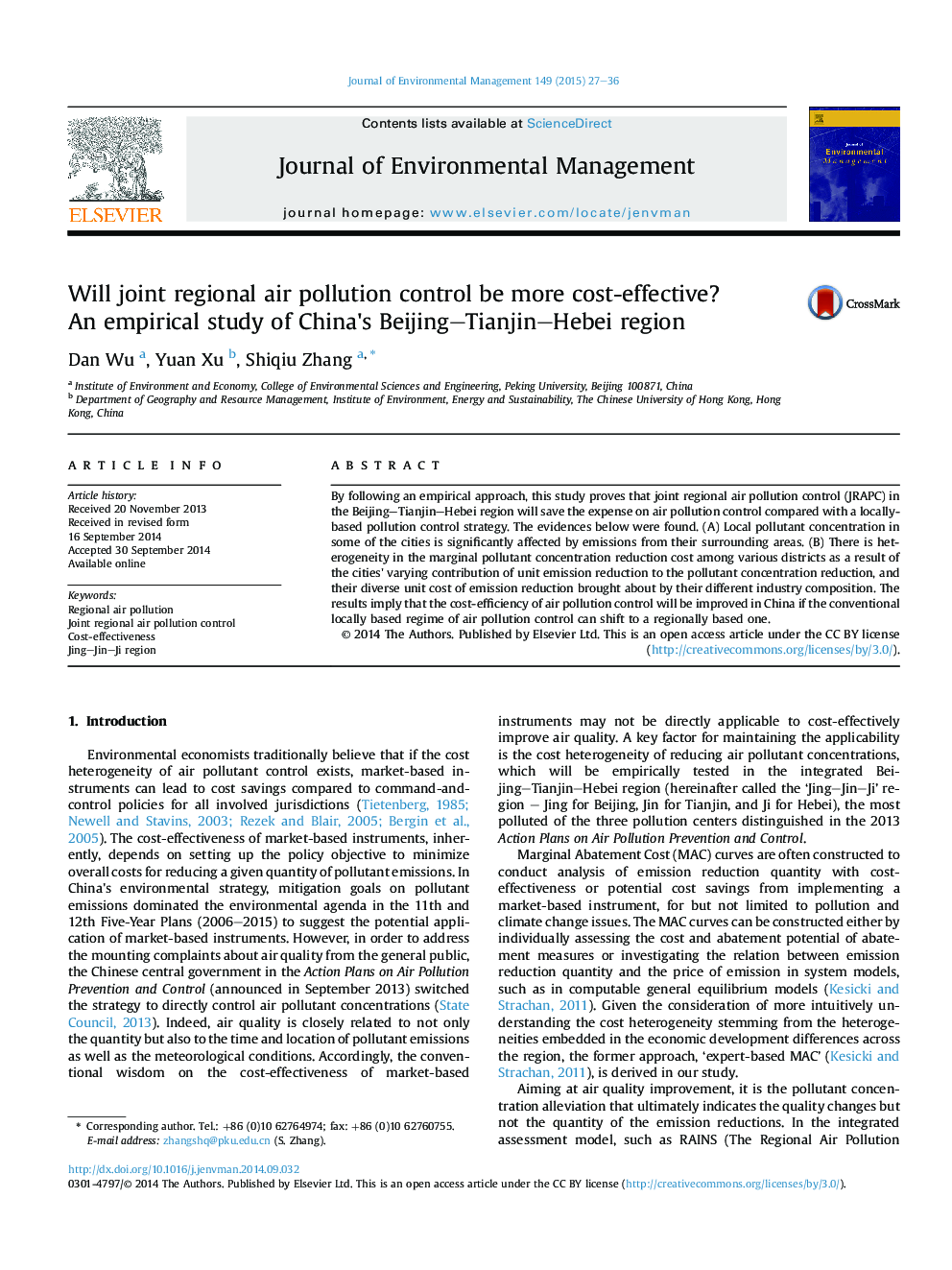 Will joint regional air pollution control be more cost-effective? AnÂ empirical study of China's Beijing-Tianjin-Hebei region