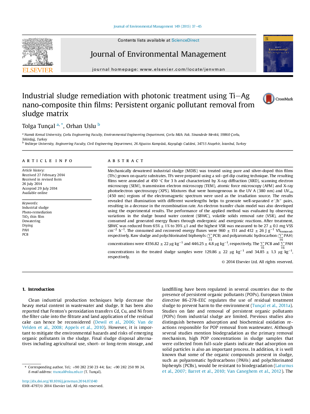 Industrial sludge remediation with photonic treatment using Ti-Ag nano-composite thin films: Persistent organic pollutant removal from sludge matrix