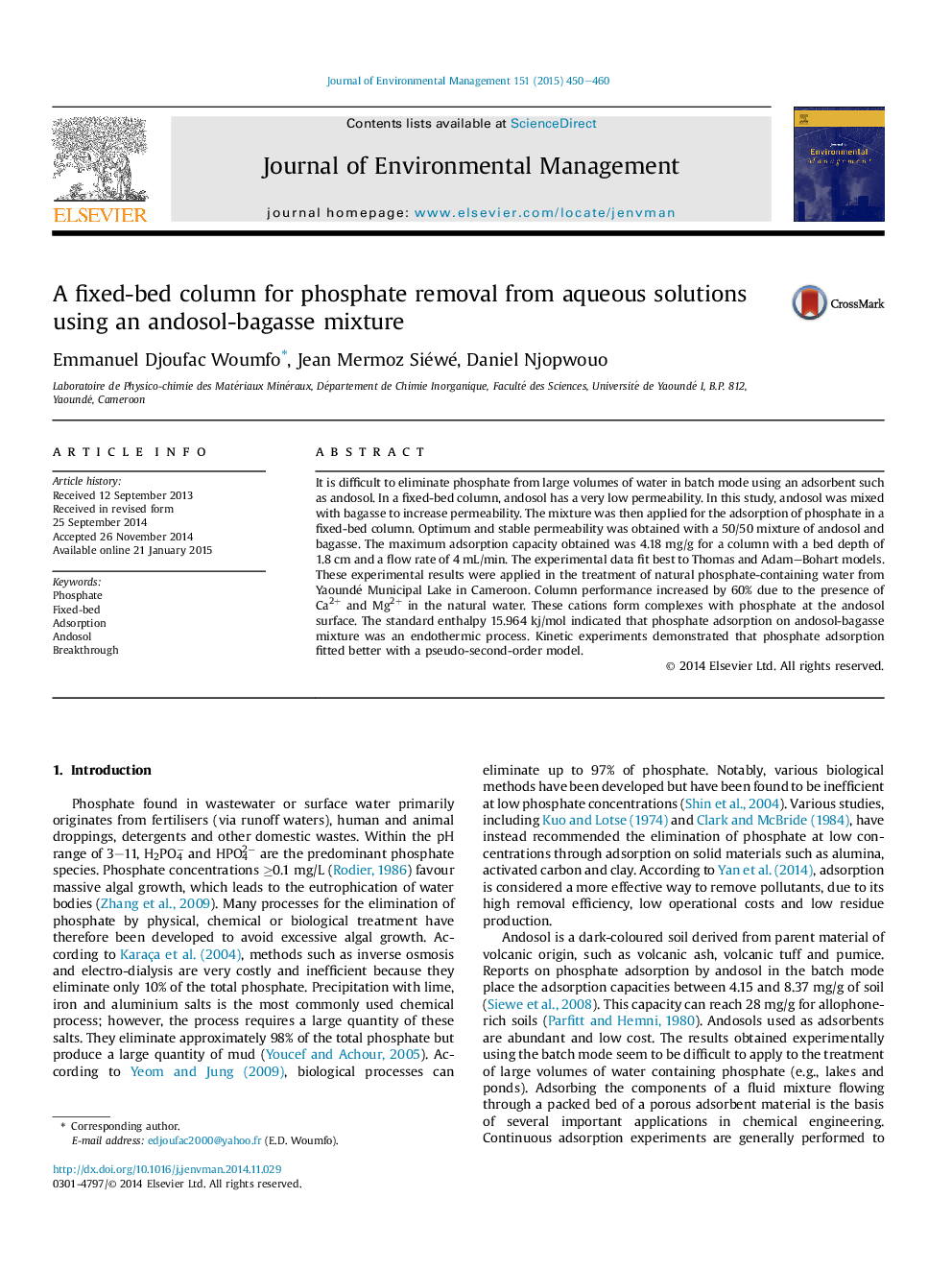 A fixed-bed column for phosphate removal from aqueous solutions using an andosol-bagasse mixture