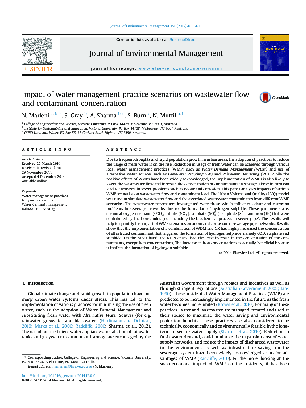 Impact of water management practice scenarios on wastewater flow and contaminant concentration