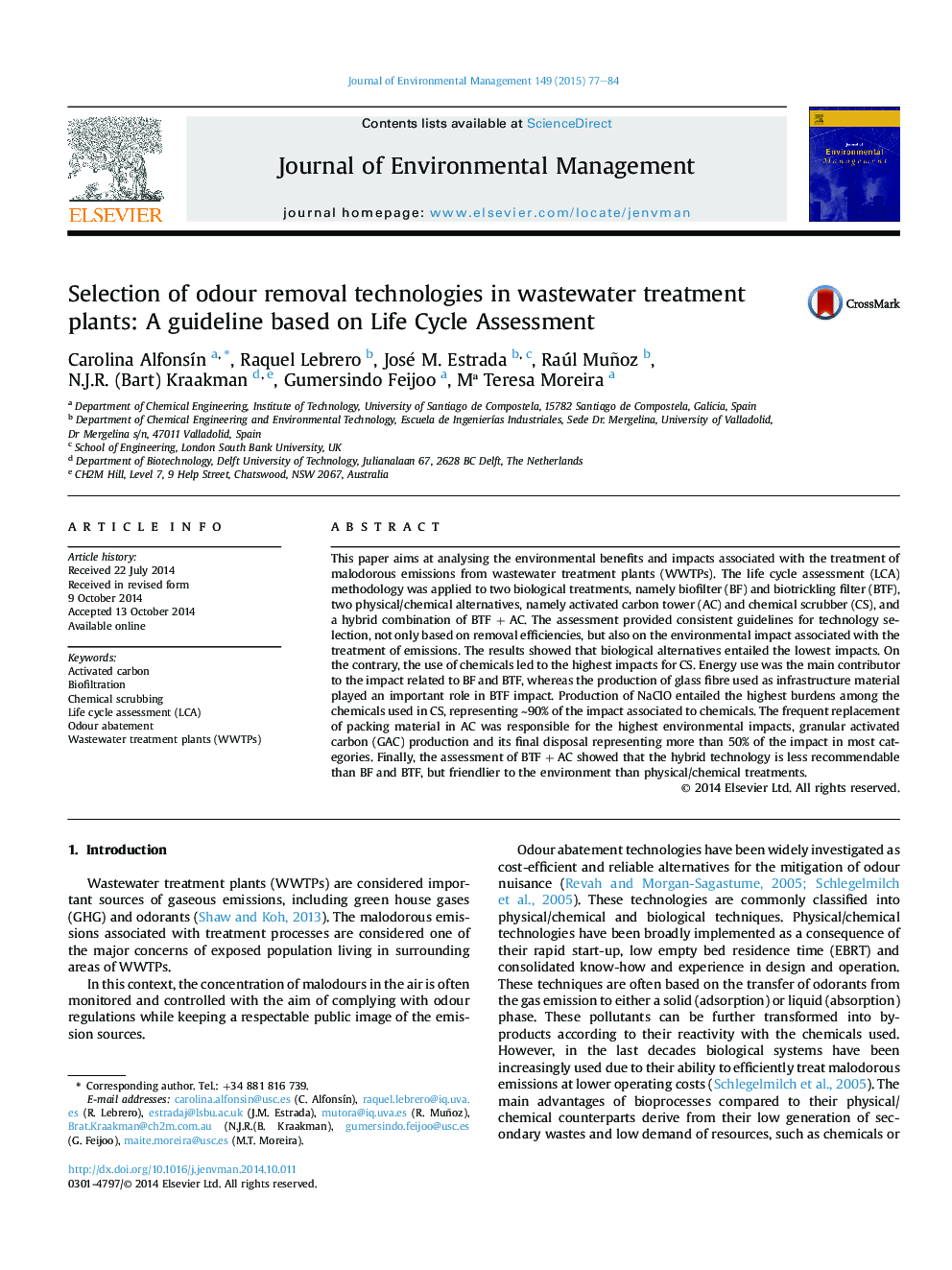 Selection of odour removal technologies in wastewater treatment plants: A guideline based on Life Cycle Assessment