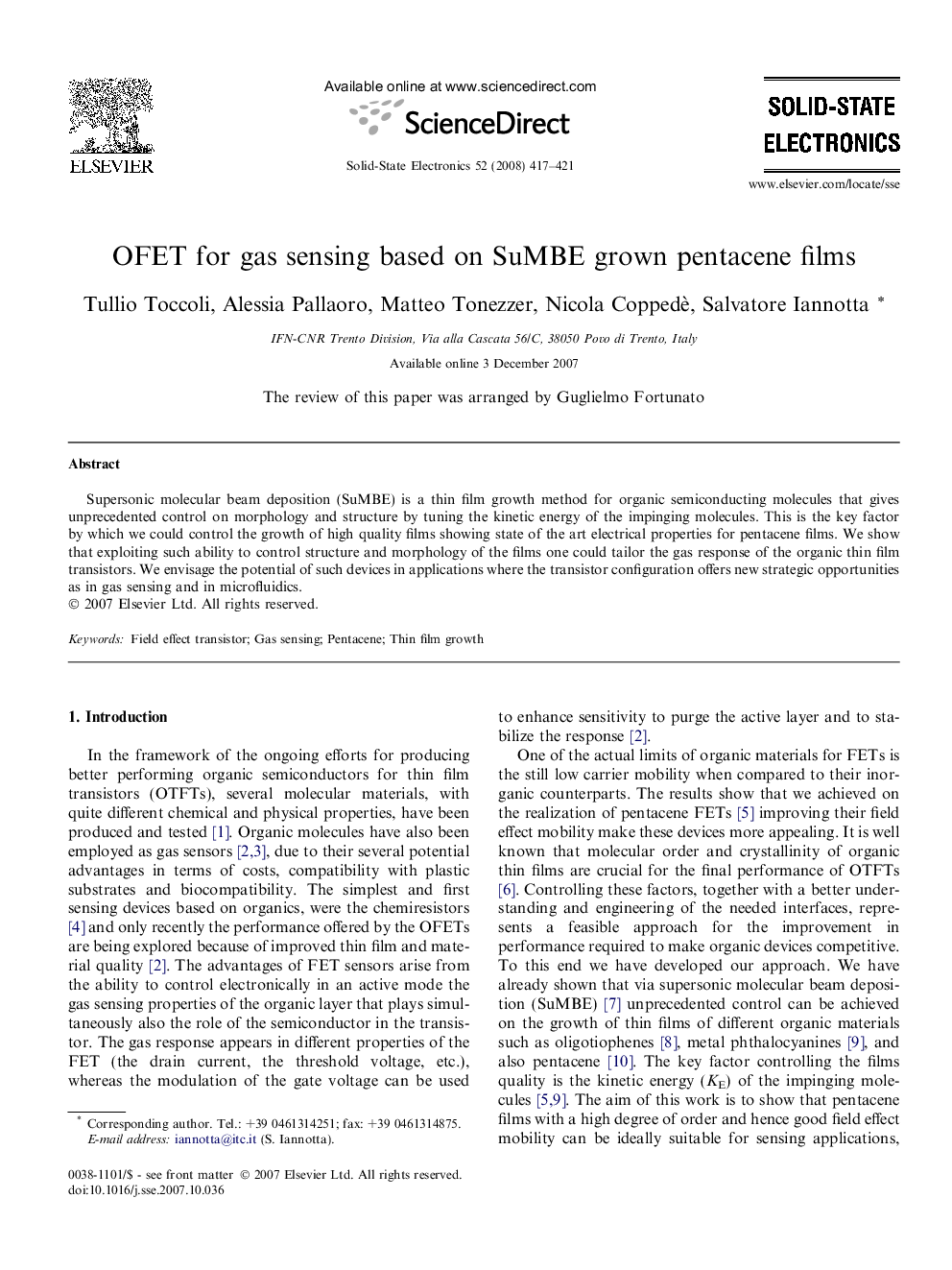 OFET for gas sensing based on SuMBE grown pentacene films