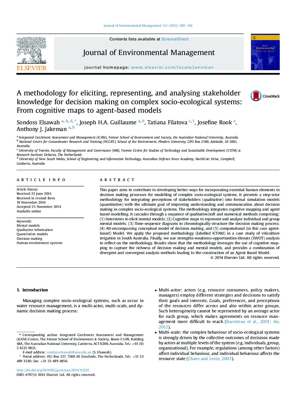 A methodology for eliciting, representing, and analysing stakeholder knowledge for decision making on complex socio-ecological systems: From cognitive maps to agent-based models