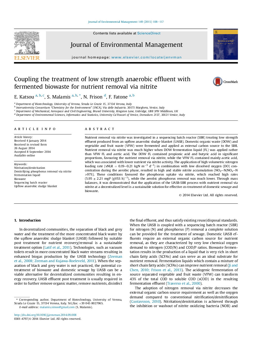 Coupling the treatment of low strength anaerobic effluent with fermented biowaste for nutrient removal via nitrite