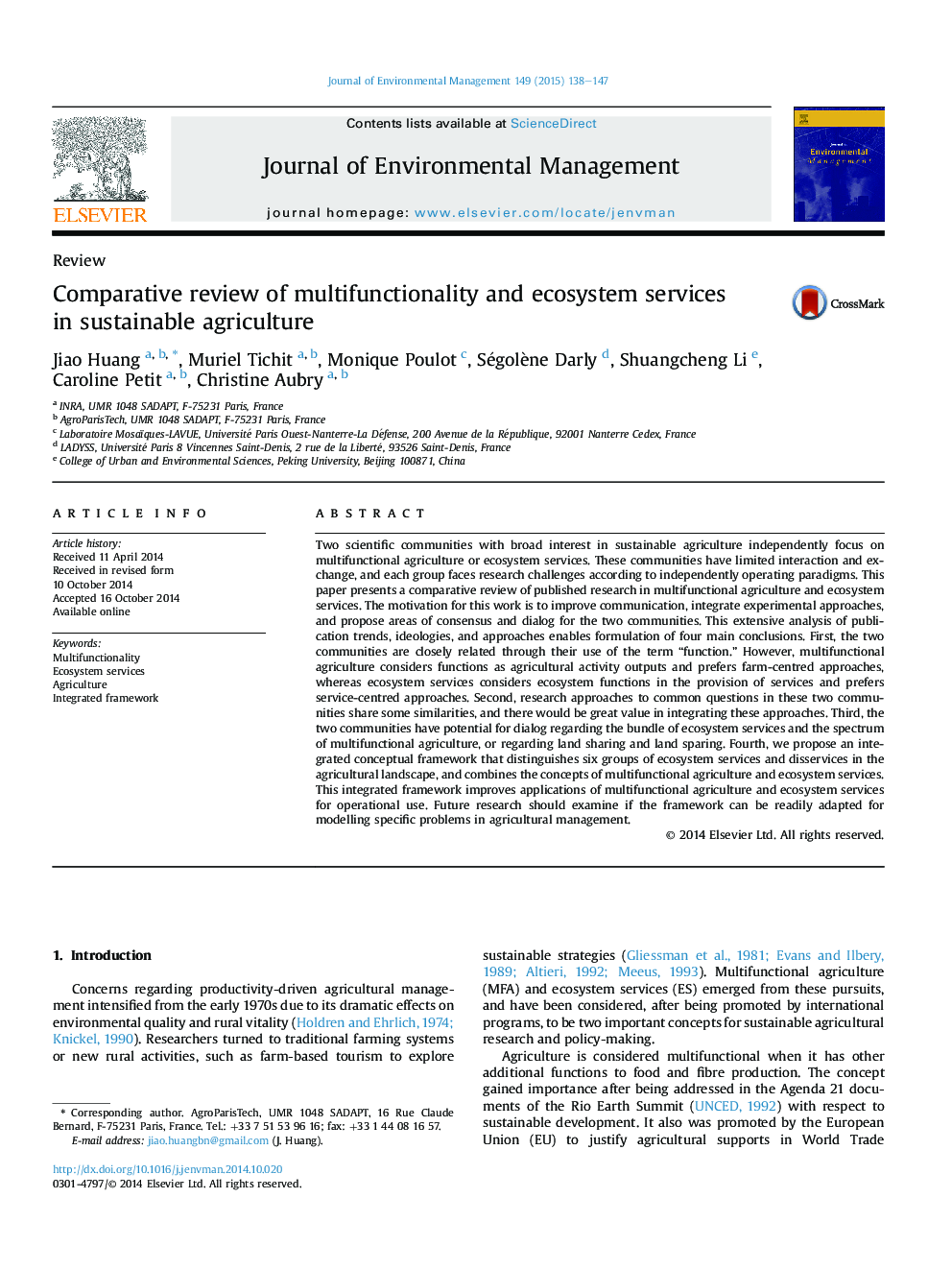 Comparative review of multifunctionality and ecosystem services in sustainable agriculture