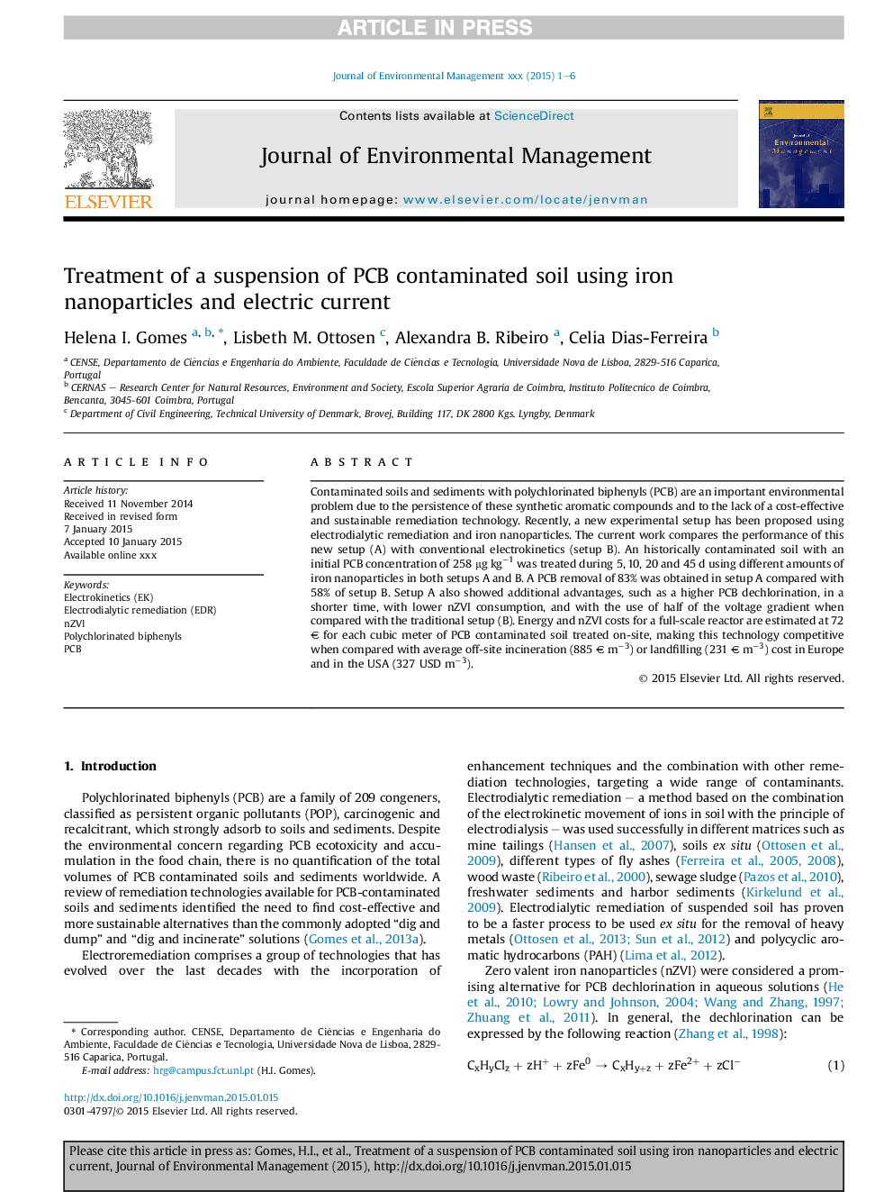 Treatment of a suspension of PCB contaminated soil using iron nanoparticles and electric current