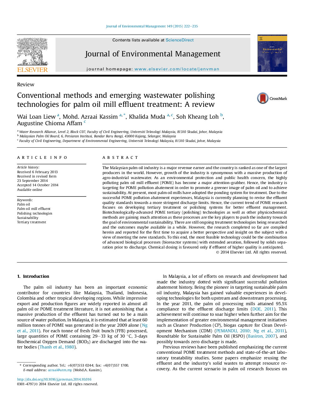 Conventional methods and emerging wastewater polishing technologies for palm oil mill effluent treatment: A review