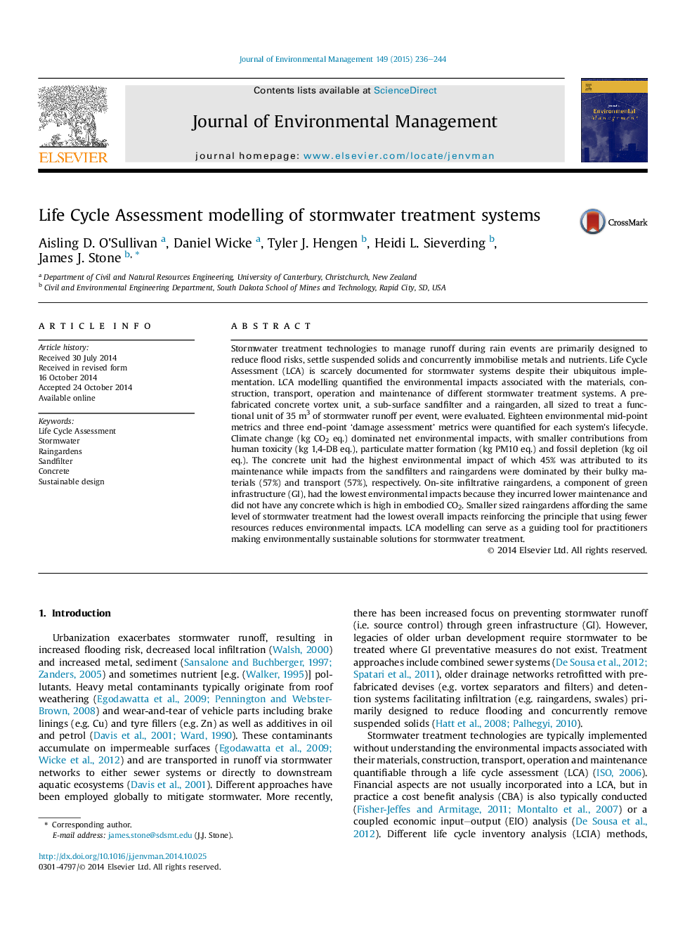 Life Cycle Assessment modelling of stormwater treatment systems