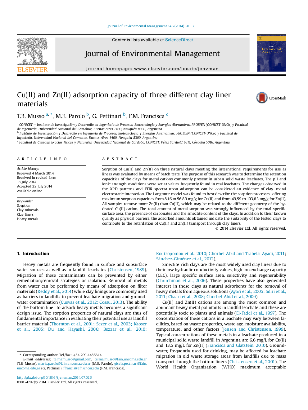 Cu(II) and Zn(II) adsorption capacity of three different clay liner materials