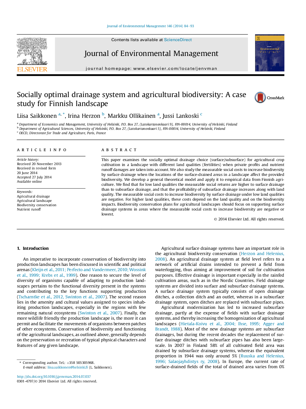 Socially optimal drainage system and agricultural biodiversity: A case study for Finnish landscape