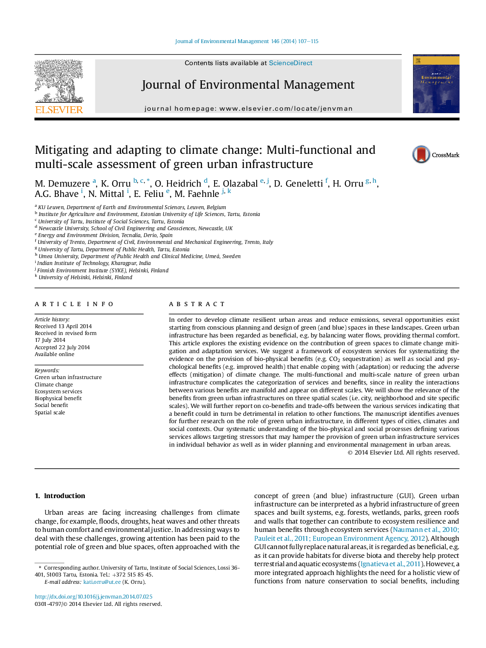 Mitigating and adapting to climate change: Multi-functional and multi-scale assessment of green urban infrastructure