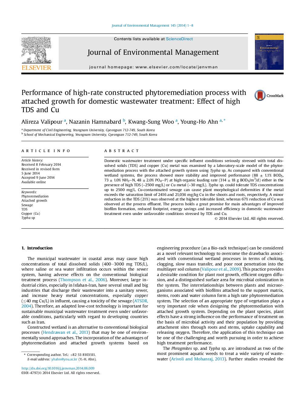 Performance of high-rate constructed phytoremediation process with attached growth for domestic wastewater treatment: Effect of high TDS and Cu