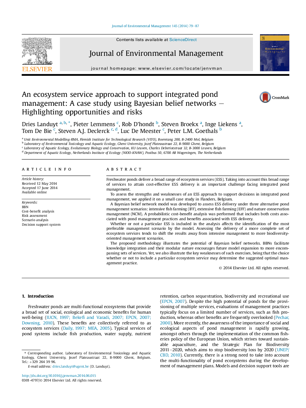 An ecosystem service approach to support integrated pond management: A case study using Bayesian belief networks - Highlighting opportunities and risks