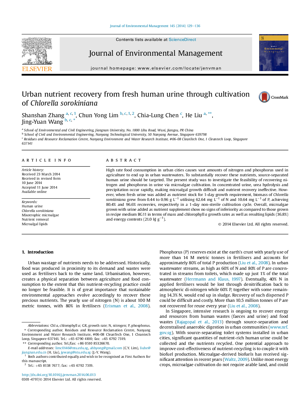 Urban nutrient recovery from fresh human urine through cultivation of Chlorella sorokiniana