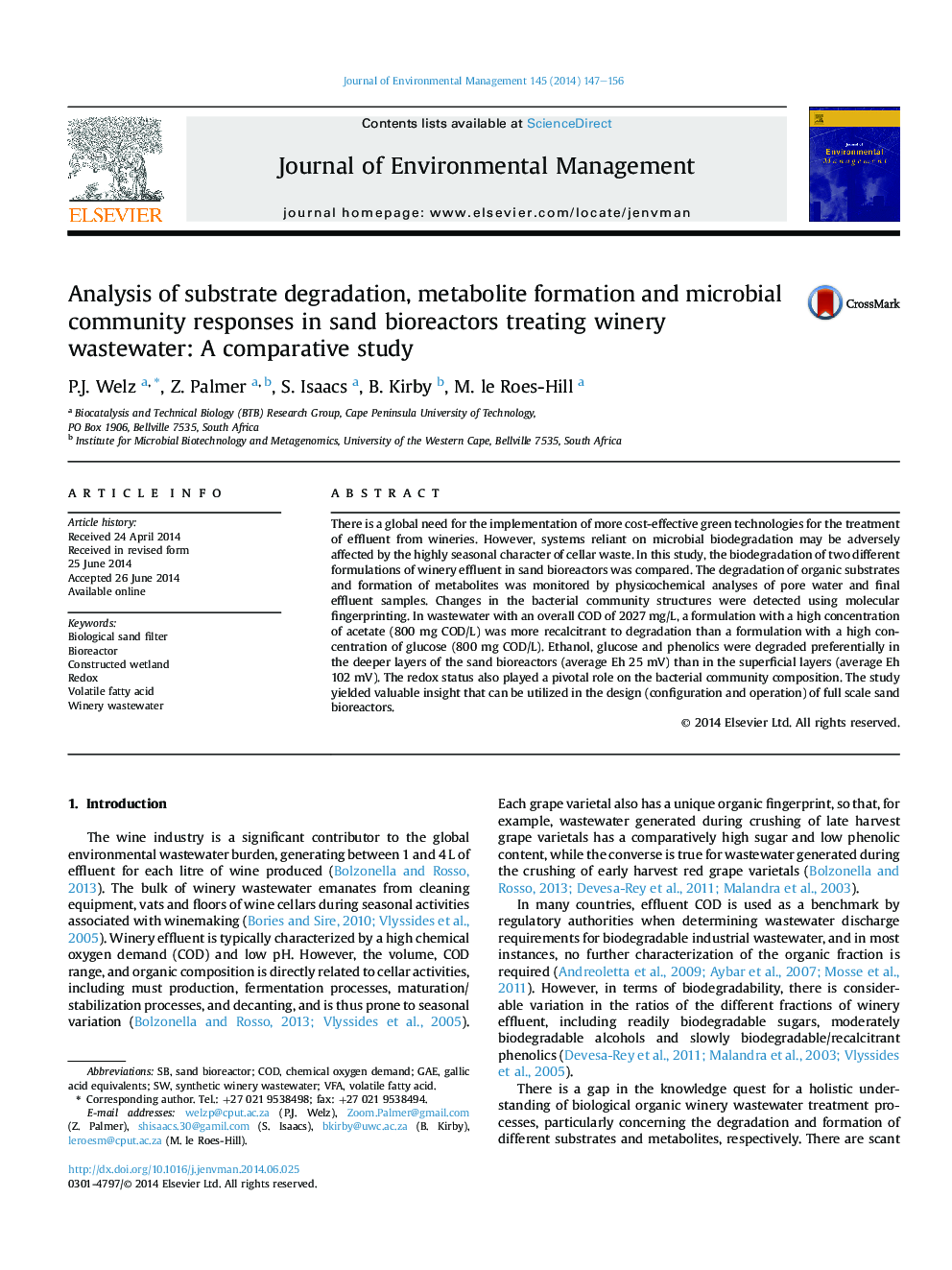 Analysis of substrate degradation, metabolite formation and microbial community responses in sand bioreactors treating winery wastewater: A comparative study