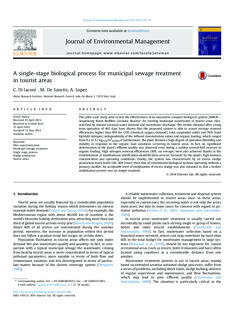 A single-stage biological process for municipal sewage treatment in tourist areas