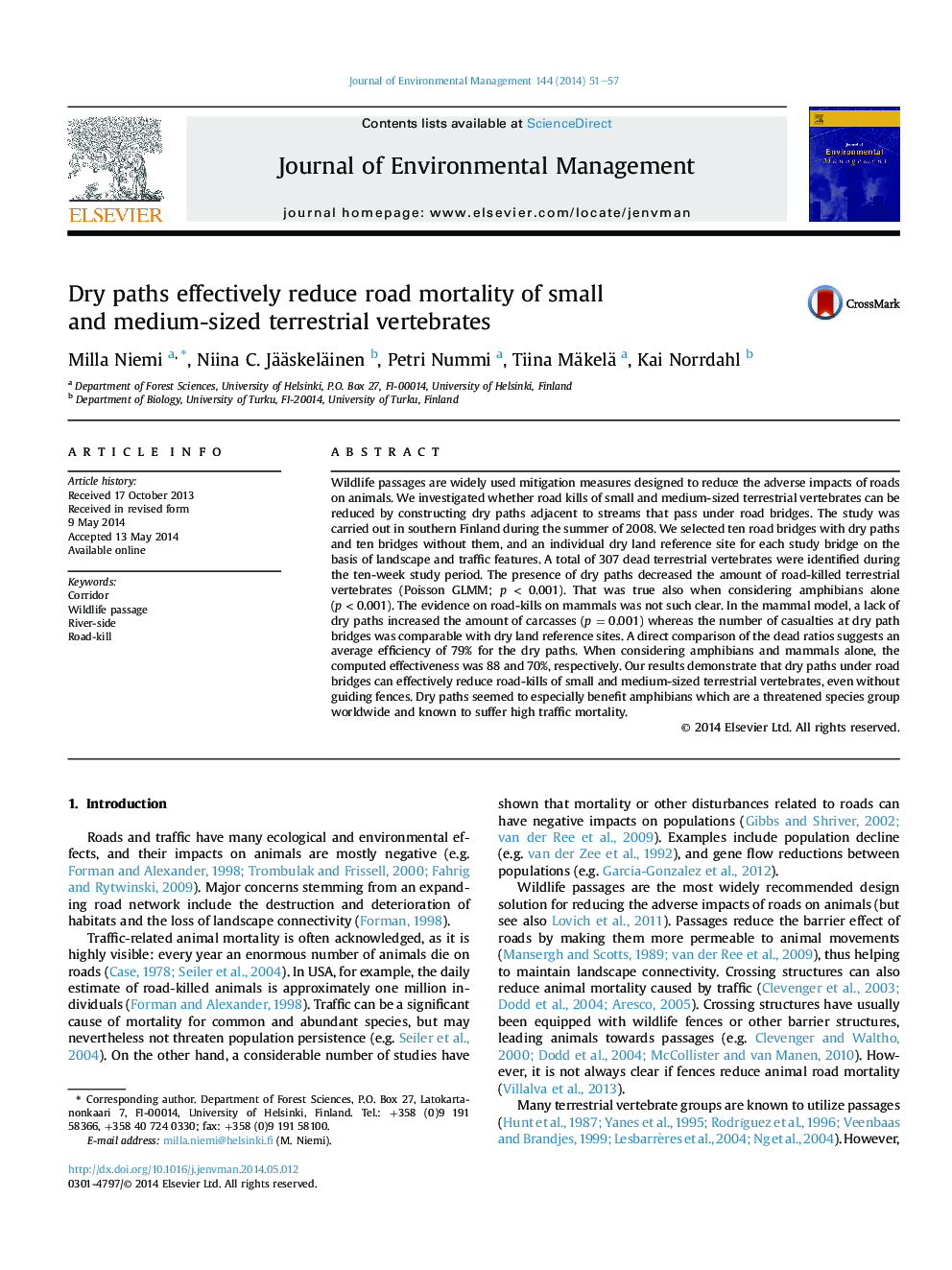 Dry paths effectively reduce road mortality of small andÂ medium-sized terrestrial vertebrates