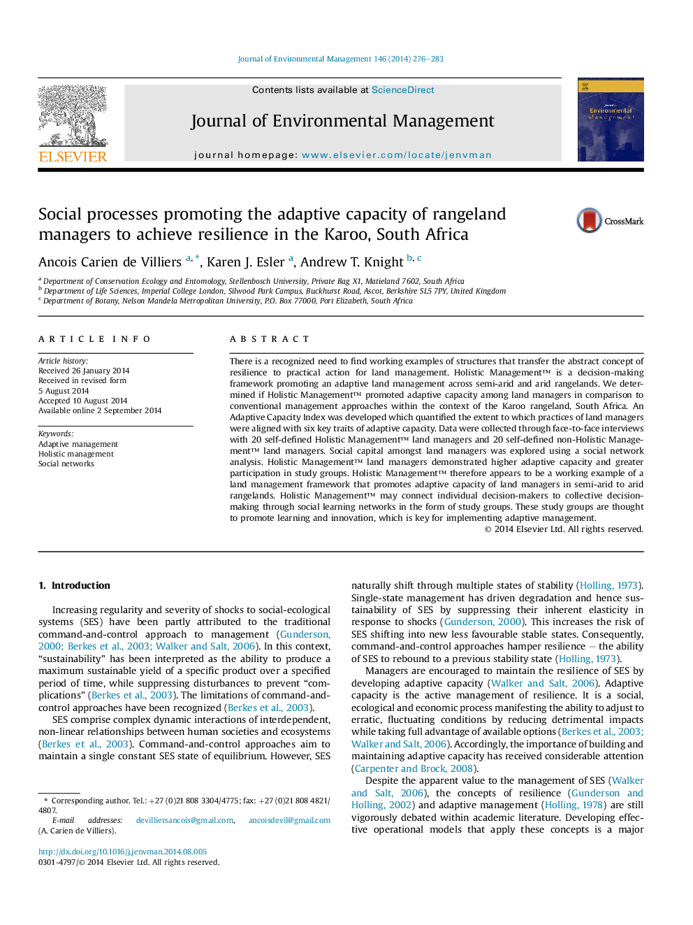 Social processes promoting the adaptive capacity of rangeland managers to achieve resilience in the Karoo, South Africa