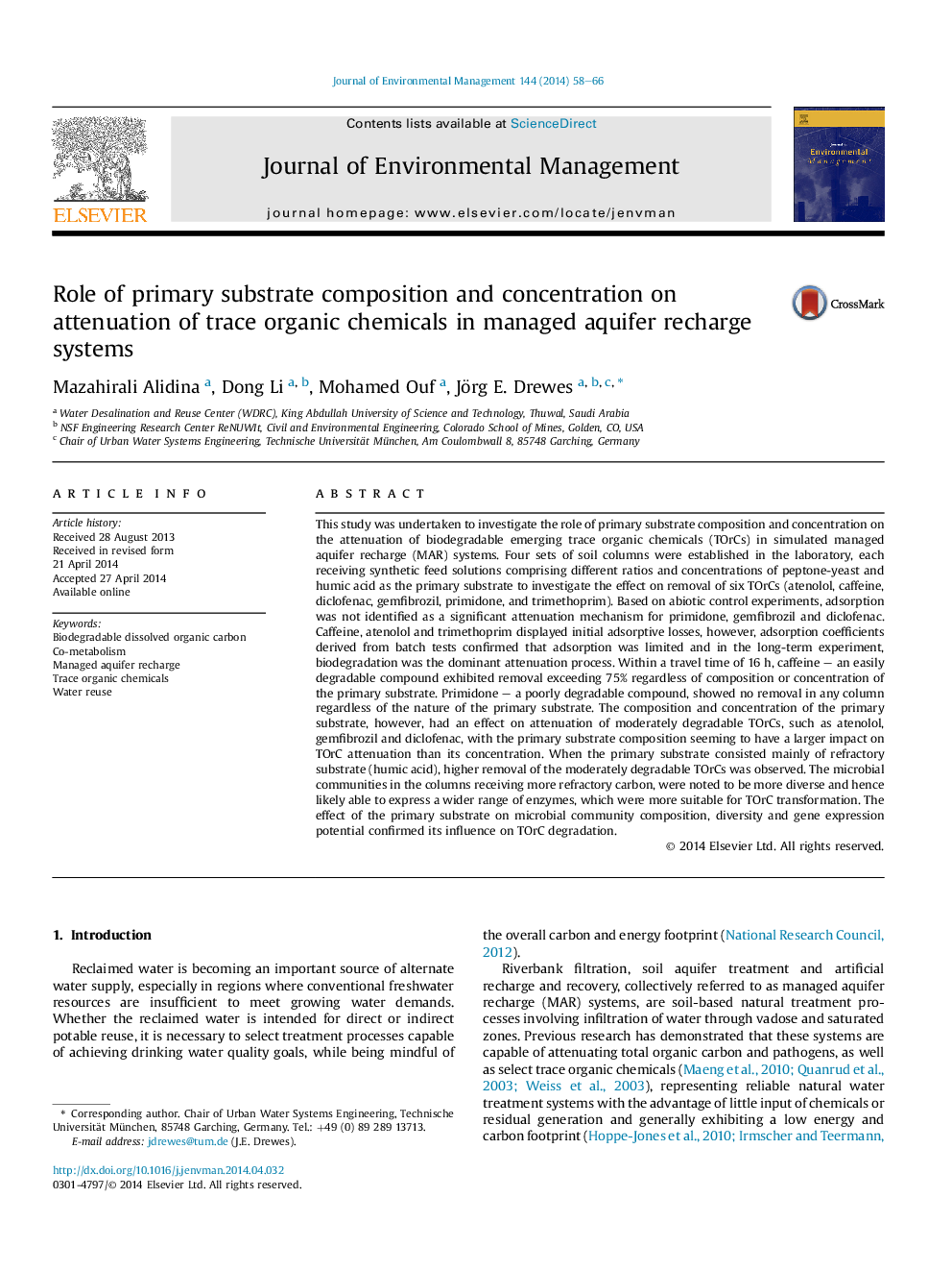 Role of primary substrate composition and concentration on attenuation of trace organic chemicals in managed aquifer recharge systems