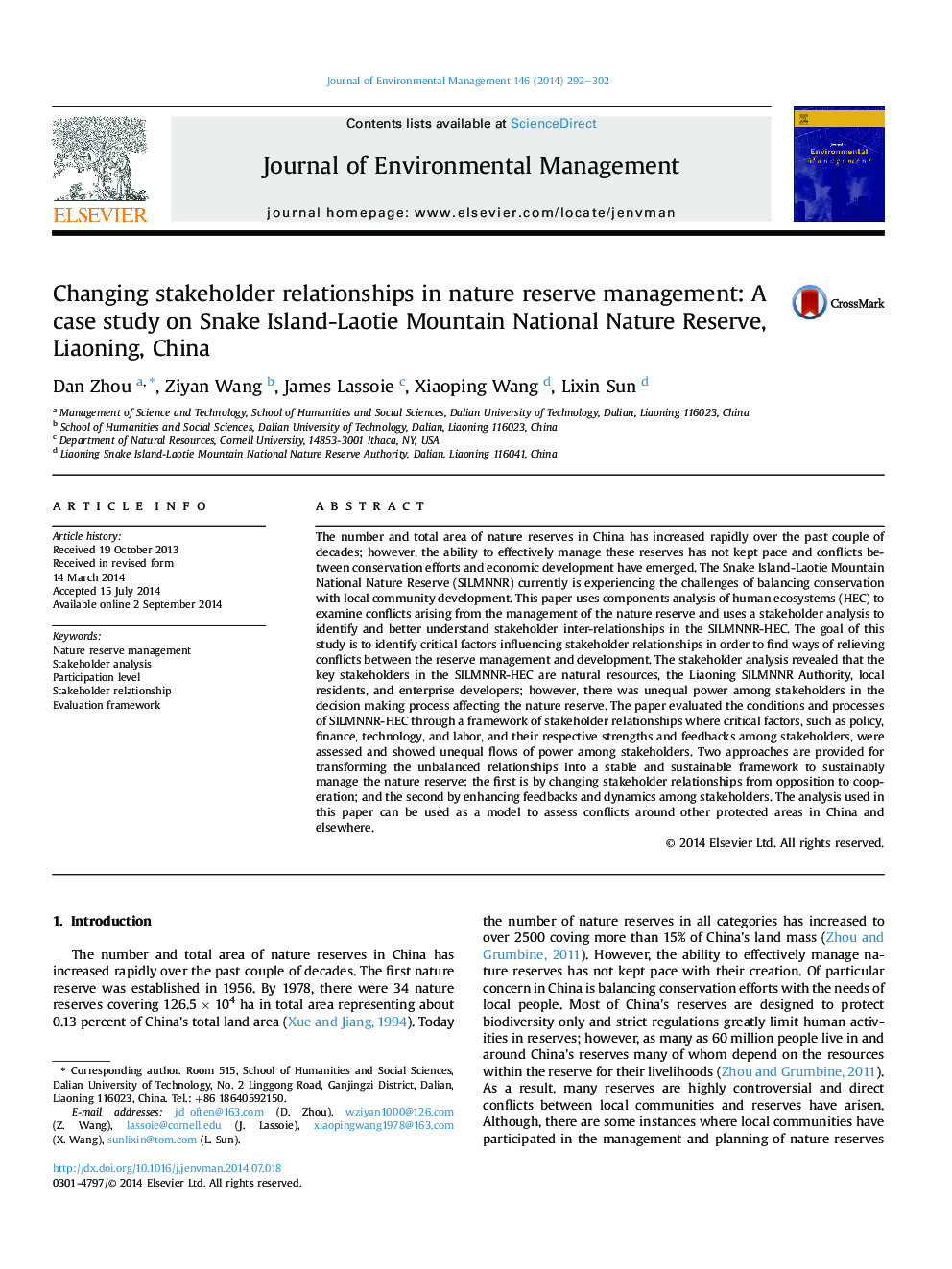 Changing stakeholder relationships in nature reserve management: A case study on Snake Island-Laotie Mountain National Nature Reserve, Liaoning, China