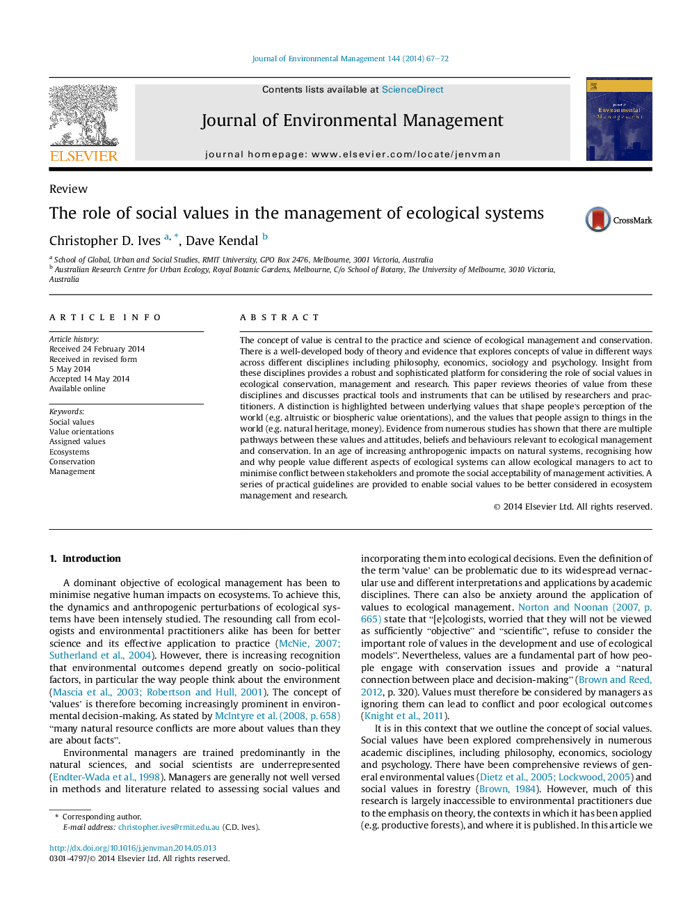 The role of social values in the management of ecological systems