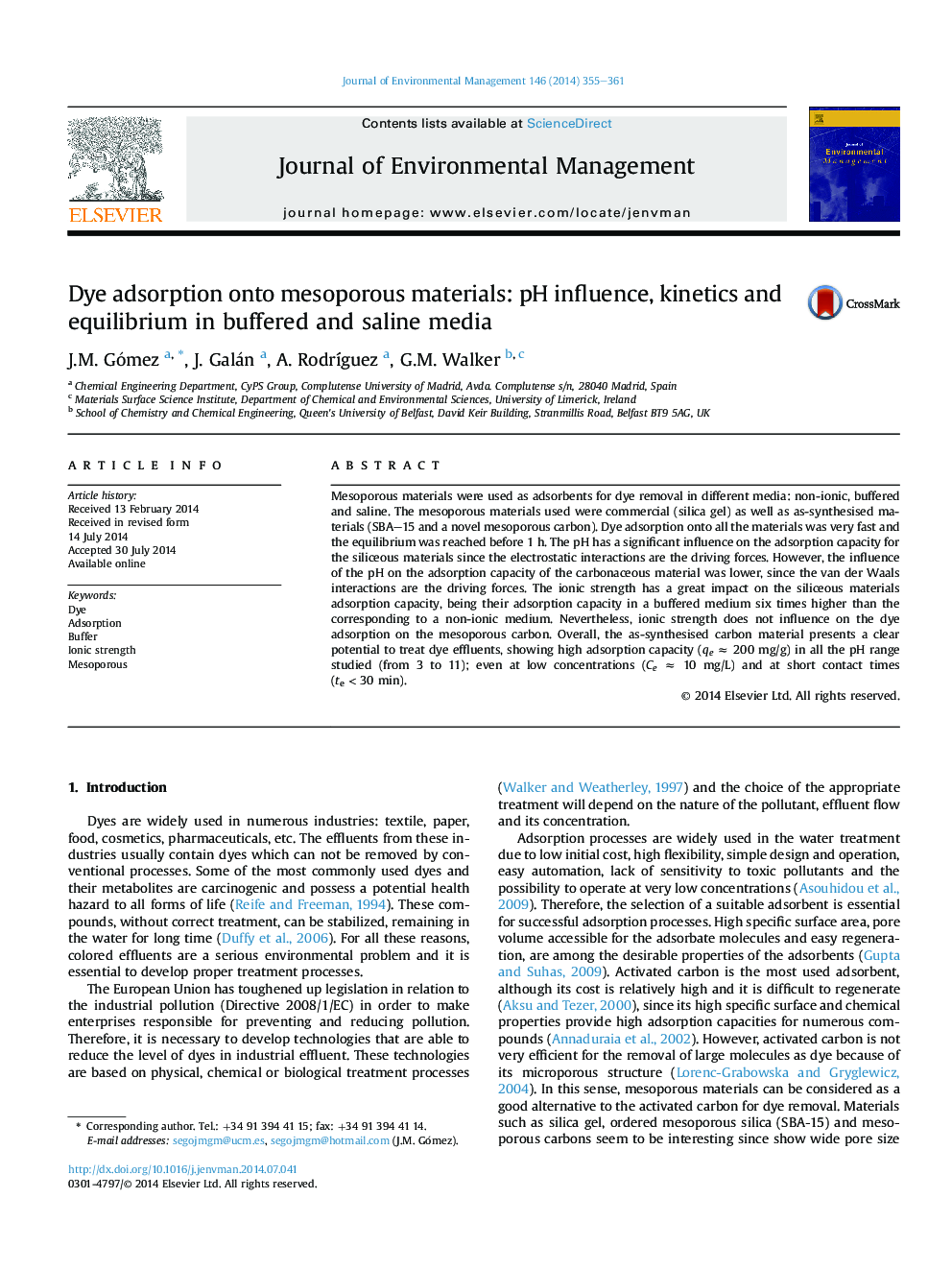 Dye adsorption onto mesoporous materials: pH influence, kinetics and equilibrium in buffered and saline media