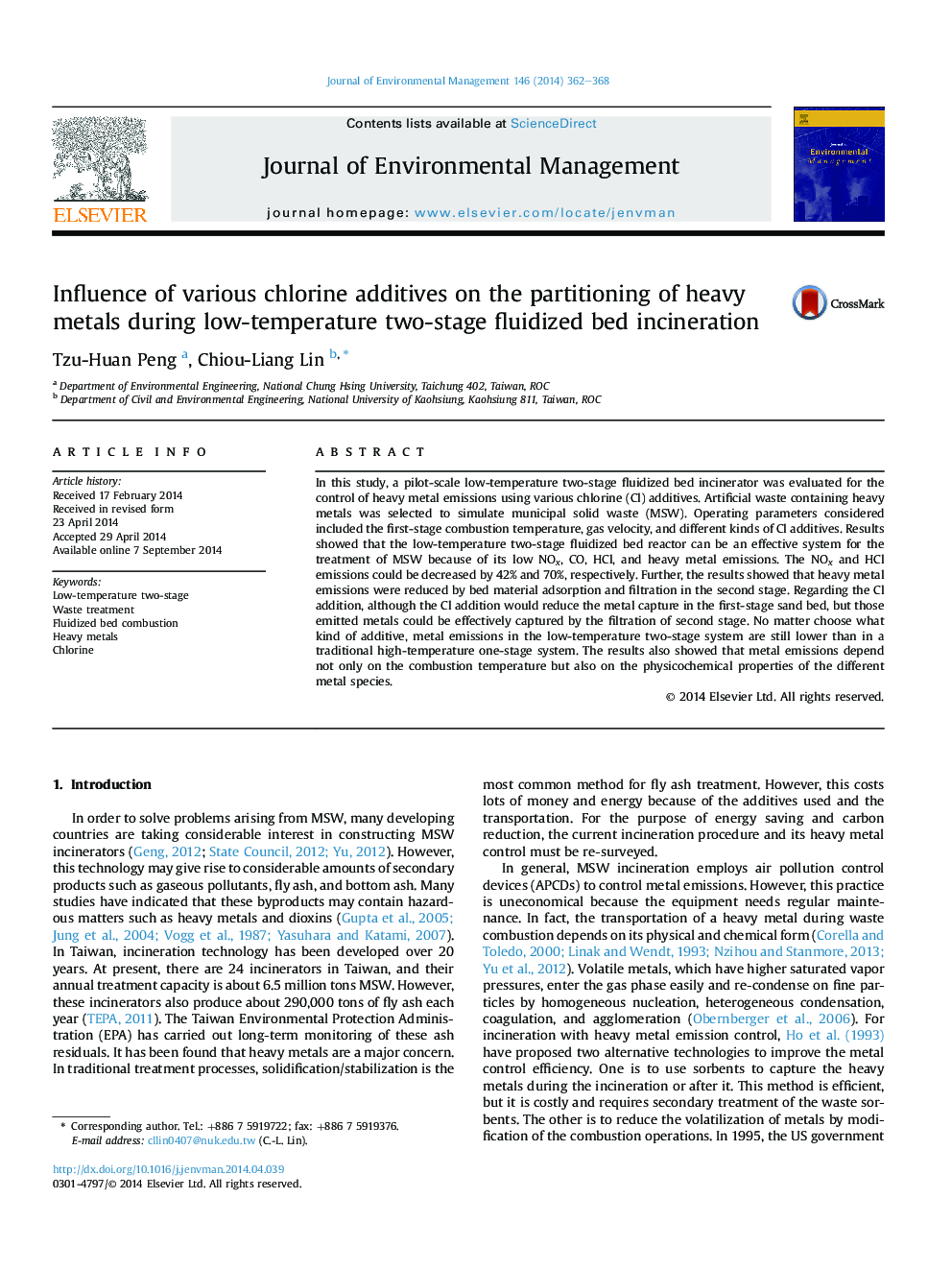 Influence of various chlorine additives on the partitioning of heavy metals during low-temperature two-stage fluidized bed incineration