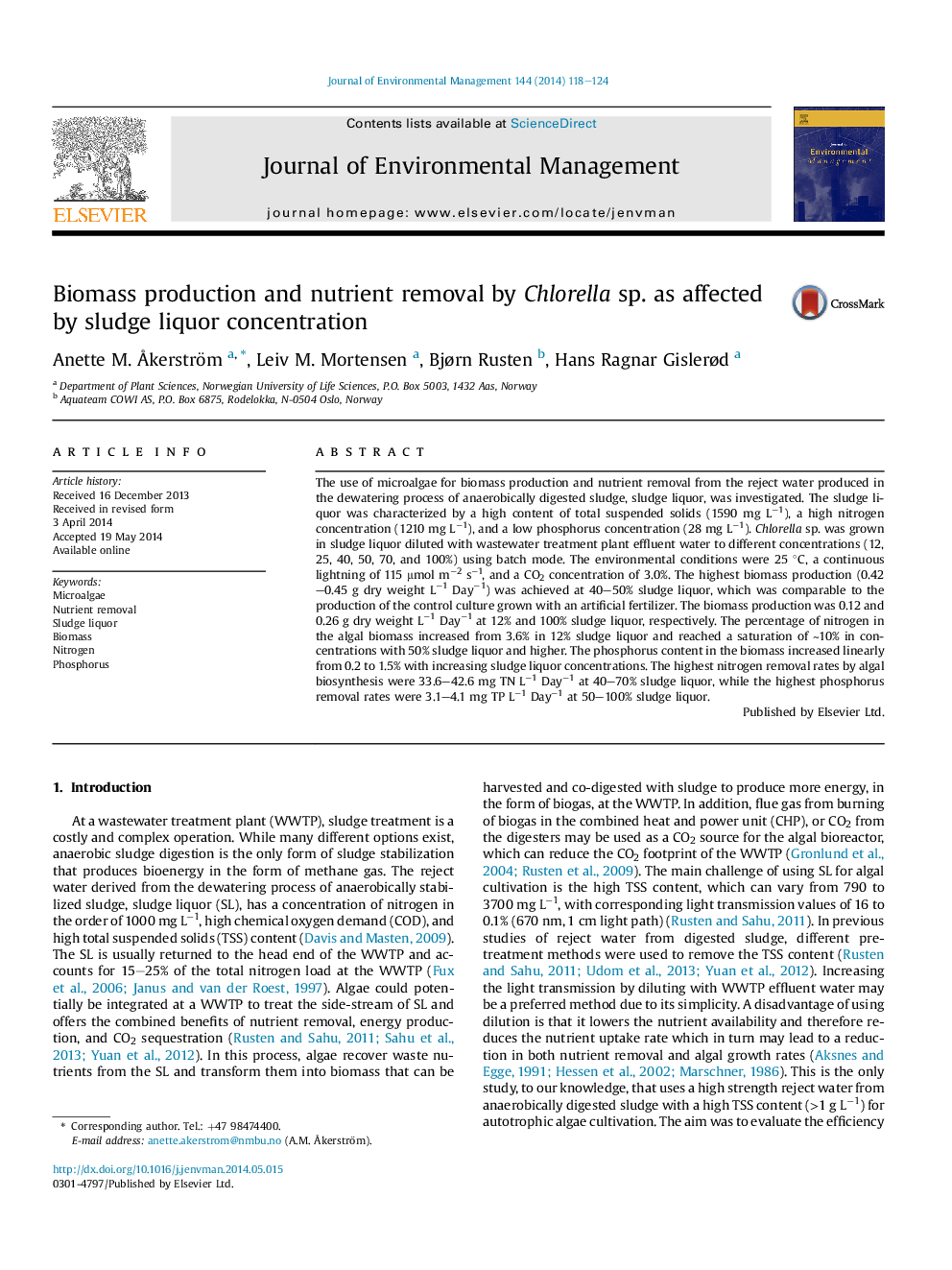 Biomass production and nutrient removal by Chlorella sp. as affected by sludge liquor concentration