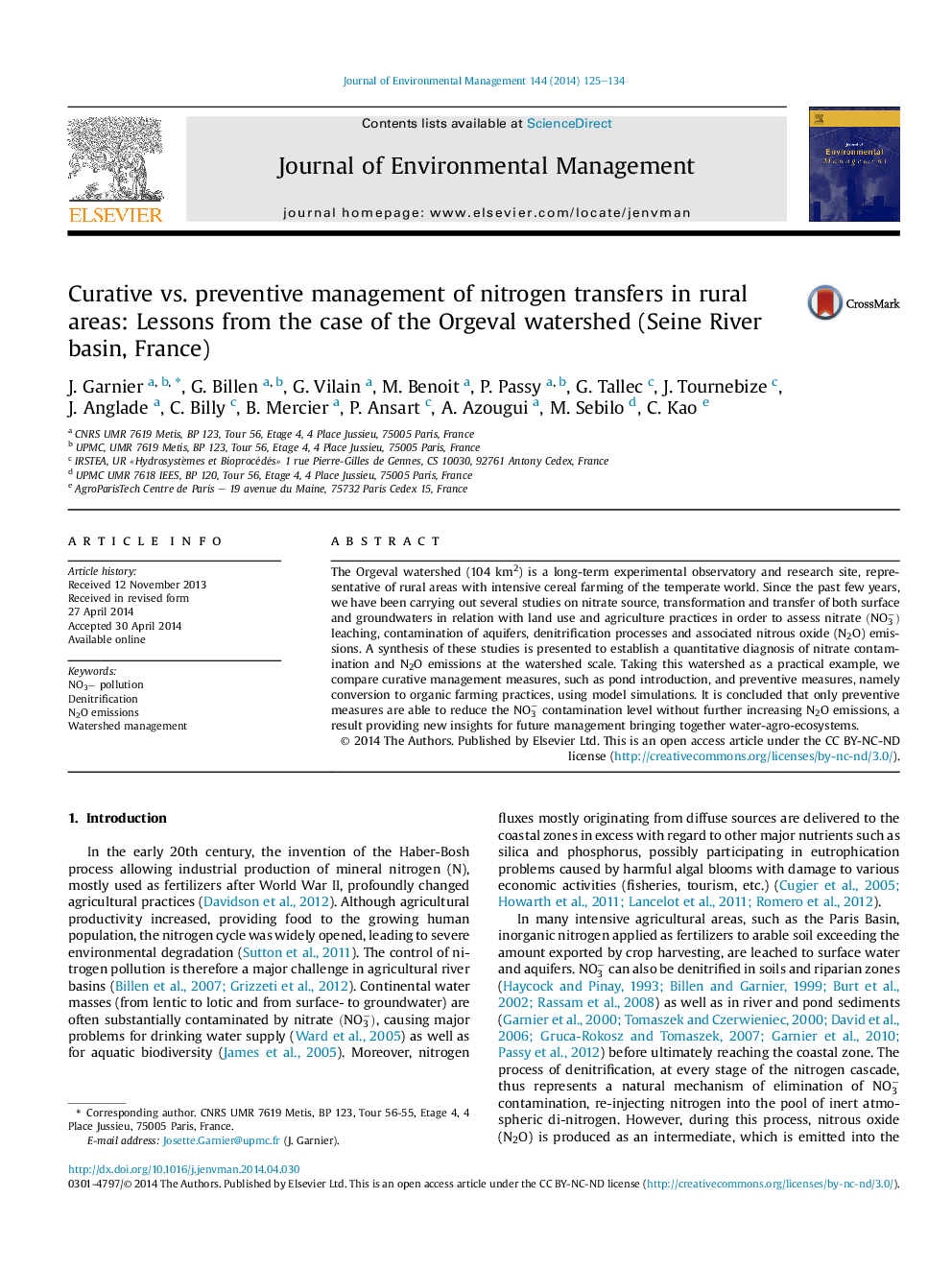 Curative vs. preventive management of nitrogen transfers in rural areas: Lessons from the case of the Orgeval watershed (Seine River basin, France)