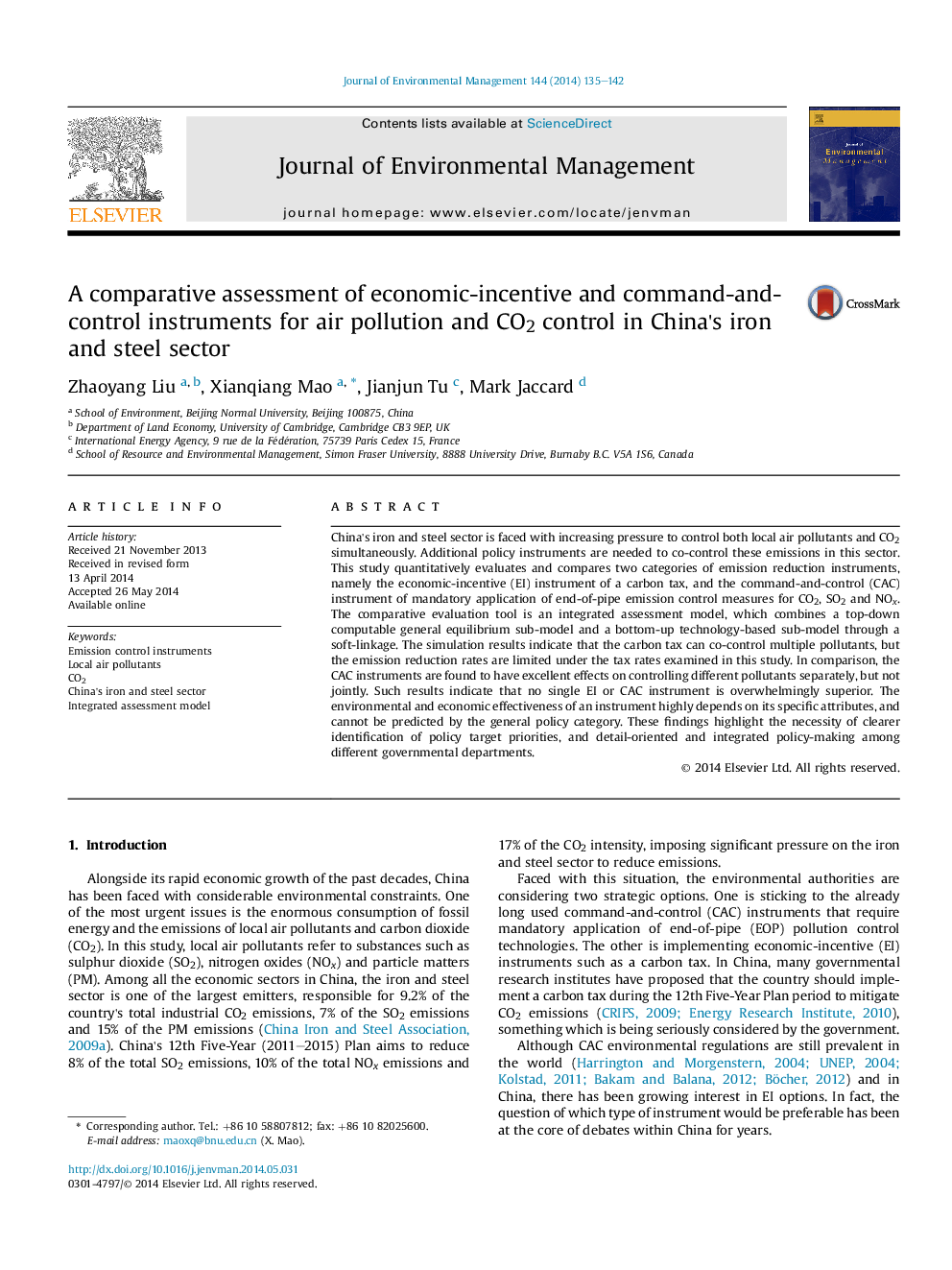 A comparative assessment of economic-incentive and command-and-control instruments for air pollution and CO2 control in China's iron and steel sector