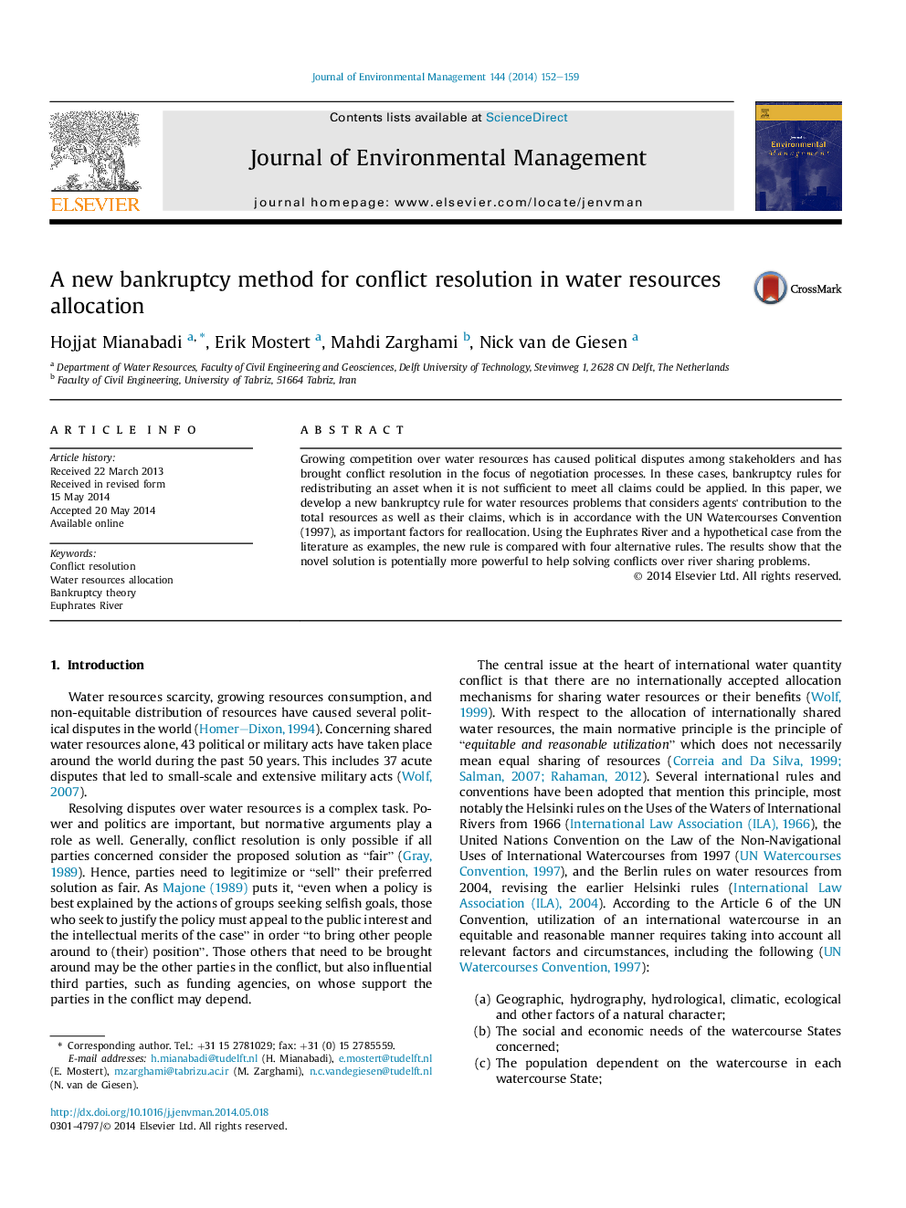 A new bankruptcy method for conflict resolution in water resources allocation