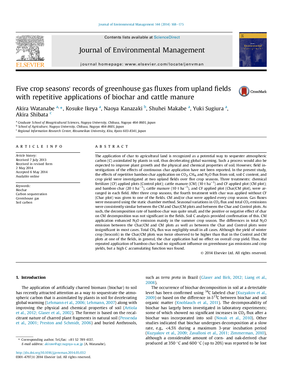 Five crop seasons' records of greenhouse gas fluxes from upland fields with repetitive applications of biochar and cattle manure