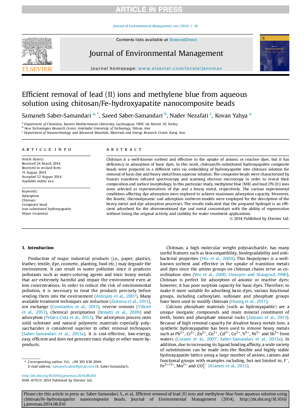 Efficient removal of lead (II) ions and methylene blue from aqueous solution using chitosan/Fe-hydroxyapatite nanocomposite beads